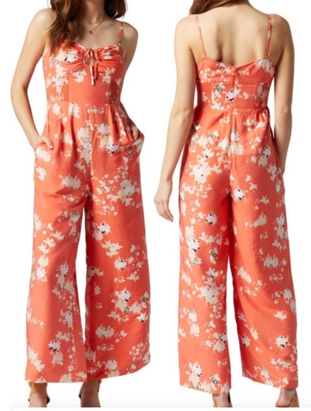 Joie Jumpsuit Pearl Cutout floral print wide leg orange size 12 DEFECT